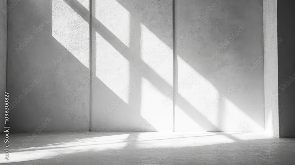 Spacious minimalistic room backdrop with grey-white walls, illuminated by sunlight creating dynamic shadows and light patterns on the surface. Spacious minimalistic room backdrop with grey-white walls, illuminated by sunlight creating dynamic shadows and light patterns on the surface.