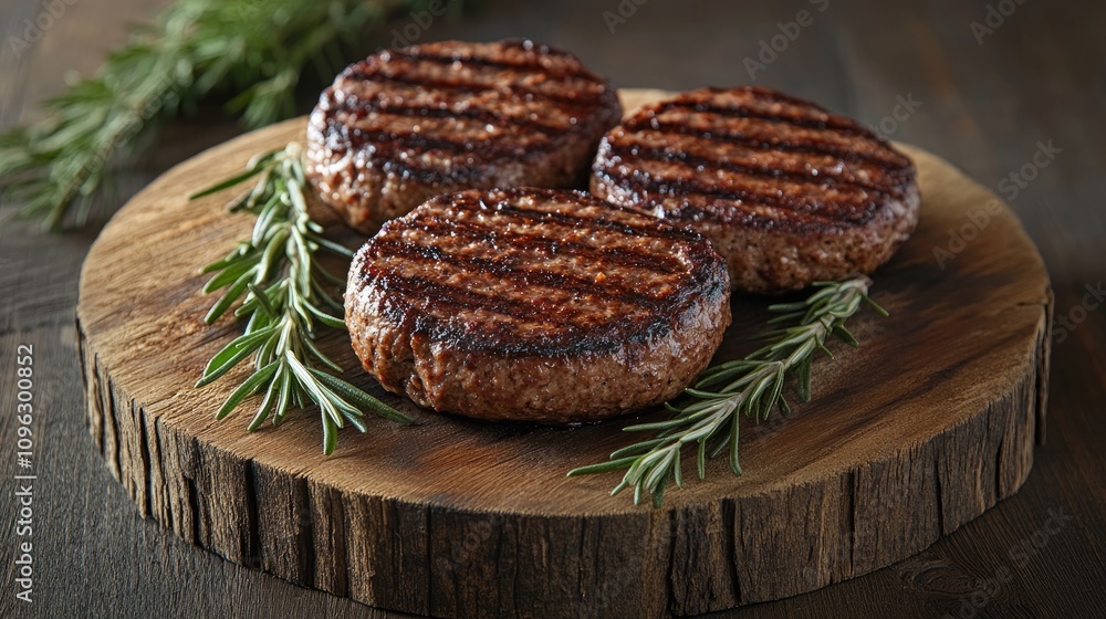 Grilled gourmet burgers with perfect char marks garnished with fresh rosemary, presented on a rustic wooden platter for a delightful culinary experience Grilled gourmet burgers with perfect char marks garnished with fresh rosemary, presented on a rustic wooden platter for a delightful culinary experience