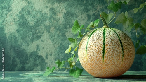 Ripe orange melon with distinct green stripes resting on a textured green background surrounded by leafy vines. photo