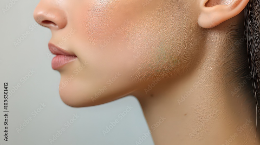 Profile view of a woman’s jawline and neck with soft, glowing skin, highlighting elegance, natural beauty, and healthy lifestyle. Profile view of a woman’s jawline and neck with soft, glowing skin, highlighting elegance, natural beauty, and healthy lifestyle.