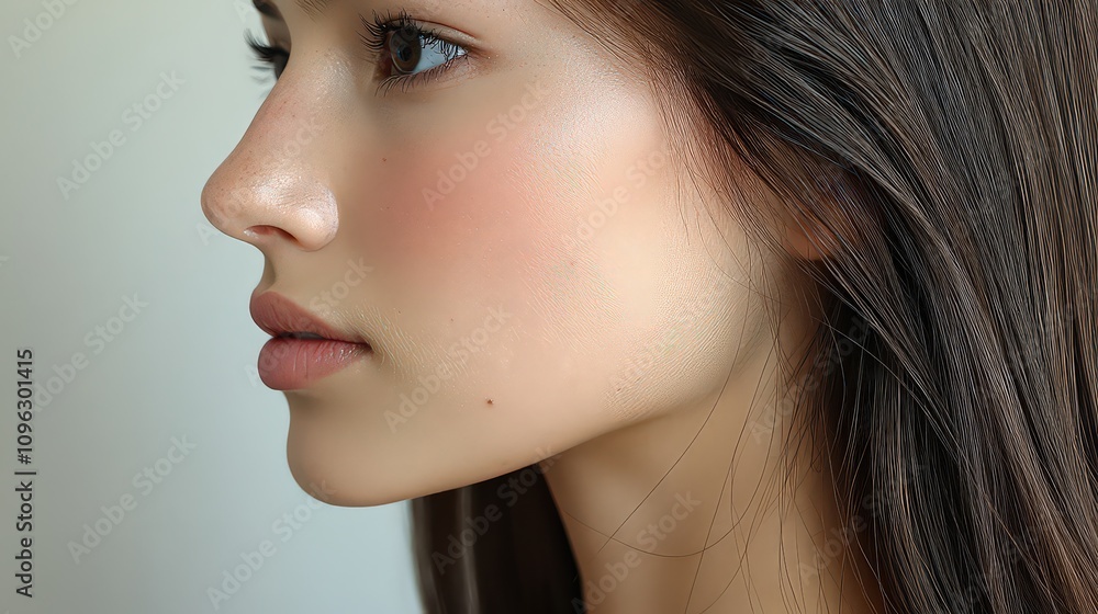 Fototapeta premium Profile shot of less-defined neck contour, with subtle buildup of fatty tissue beneath the chin, creating a rounded jawline appearance.