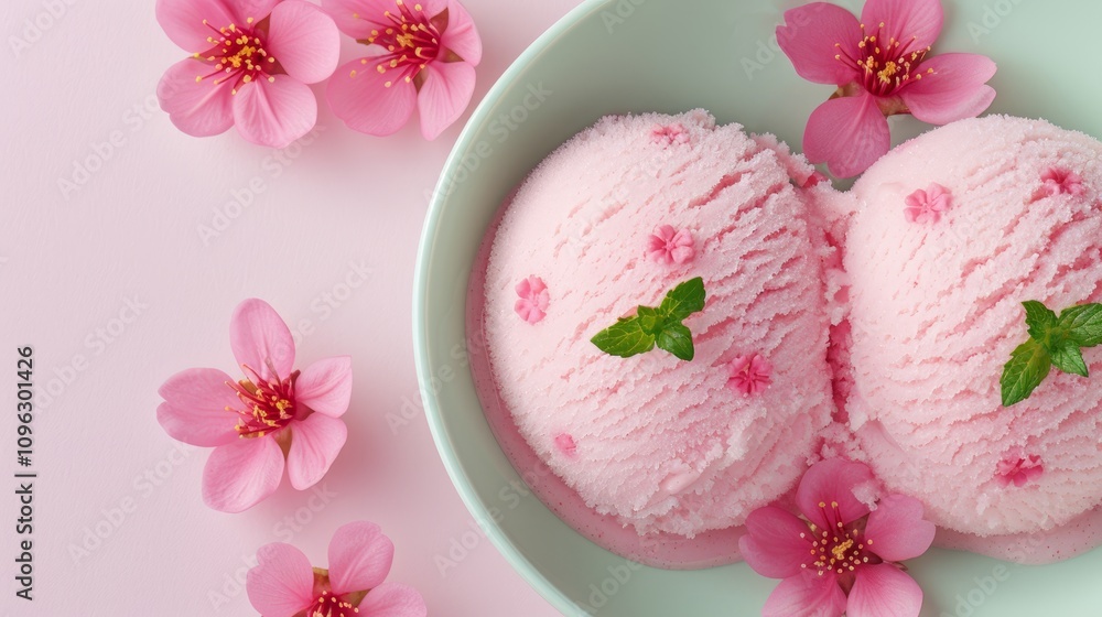 Pink ice cream with flowers in a bowl. Pink ice cream with flowers in a bowl.