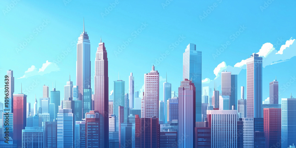 Obraz premium Modern Skyline with High-Rise Office Buildings under Blue Sky