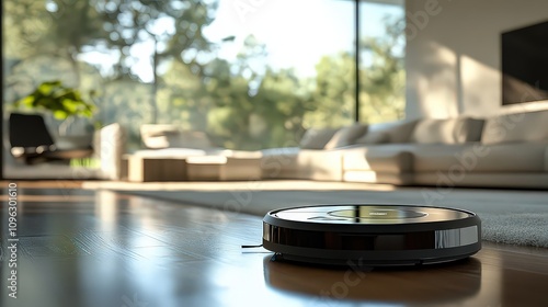  Robotic vacuum cleaner gliding across wooden floor in a bright, modern living room, representing innovation and convenience in home cleaning.