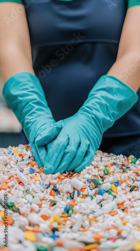 Plastic Pollution Waste Reduction Concept. A person wearing blue gloves sorts through colorful pieces of recyclable materials, emphasizing sustainability and environmental responsibility.