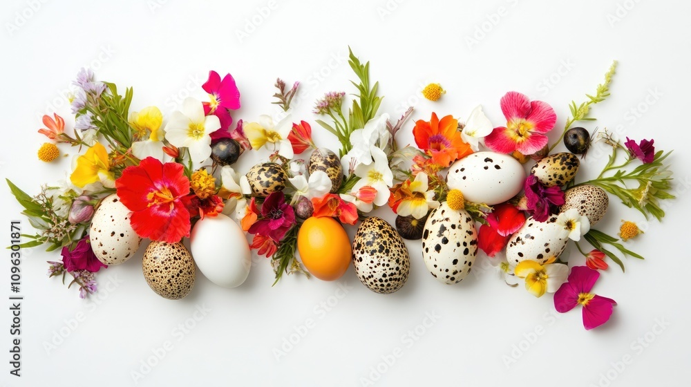 Obraz premium Vibrant arrangement of quail eggs and spring flowers on a white background, perfect for Easter and spring themes, showcasing colorful natural beauty.