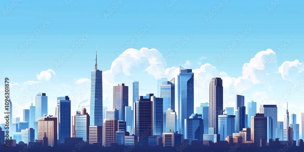 Fototapeta premium Modern Skyline with High-Rise Office Buildings under Blue Sky