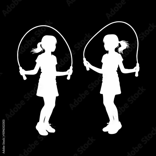 Two playful girls jumping rope silhouette on black background