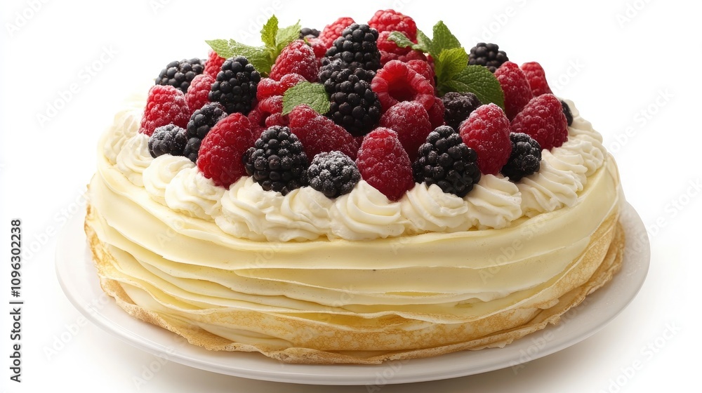 Layered Crepe Cake with Whipped Cream Frosting and a Colorful Assortment of Fresh Berries Including Raspberries, Blackberries, and Mint Garnish Layered Crepe Cake with Whipped Cream Frosting and a Colorful Assortment of Fresh Berries Including Raspberries, Blackberries, and Mint Garnish