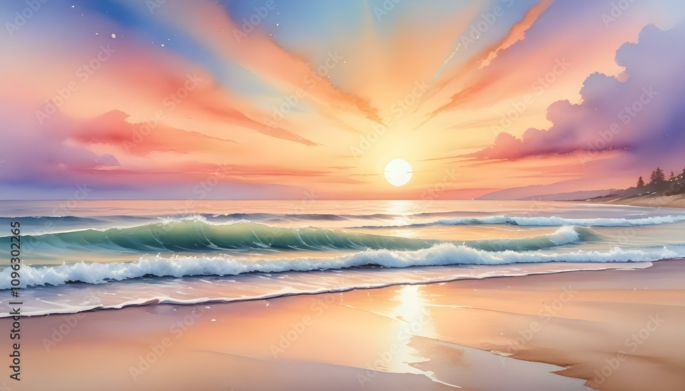 Fototapeta premium Watercolor painting of a tranquil beach landscape at sunset with golden sand and colorful skies