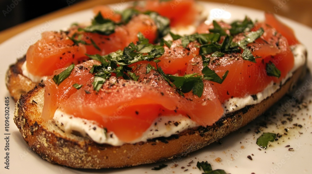 Gourmet open-faced sandwich featuring fresh smoked salmon, creamy spread, and a vibrant garnish of chopped herbs on toasted bread. Gourmet open-faced sandwich featuring fresh smoked salmon, creamy spread, and a vibrant garnish of chopped herbs on toasted bread.