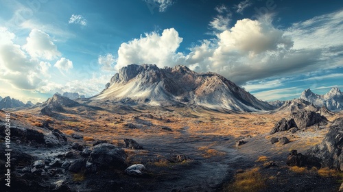 Panoramic volcanic mountain landscape showcasing rugged terrain, dramatic skies, and unique geological features in a serene national park setting.