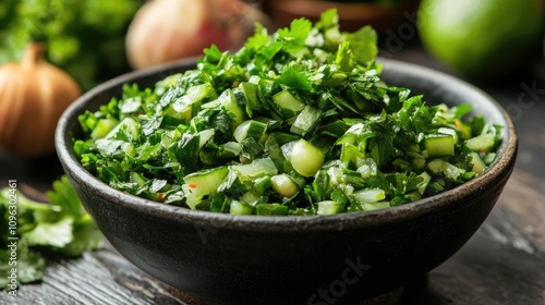 Vibrant fresh moong salad featuring finely chopped green herbs and vegetables in a rustic black bowl, showcasing a healthy and colorful dish.