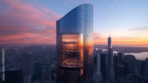 A modern skyscraper with a glass facade against a sunset cityscape.