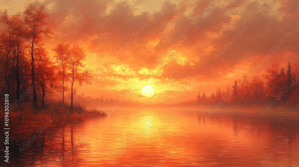 Fiery Sunset over Tranquil Lake Fiery Sunset over Tranquil Lake