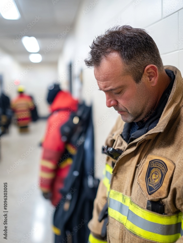 Firefighter Preparing for Duty with Serious Expression in Hallway Firefighter Preparing for Duty with Serious Expression in Hallway