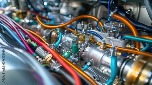 A close-up view of an airplane hydraulic system with colorful wiring and fluid tubes, carefully arranged within the machinery. The components are glossy and finely polished.