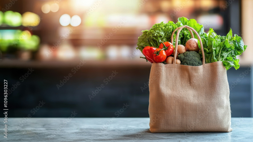 Plastic Pollution Waste Reduction Concept. A reusable bag filled with fresh vegetables and greens, placed on a countertop, with a blurred background of a market or kitchen. Plastic Pollution Waste Reduction Concept. A reusable bag filled with fresh vegetables and greens, placed on a countertop, with a blurred background of a market or kitchen.