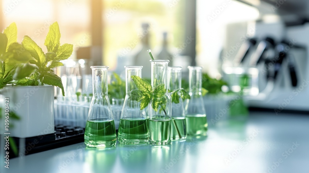 Fresh Mint Science in Laboratory with Test Tubes and Beakers Fresh Mint Science in Laboratory with Test Tubes and Beakers