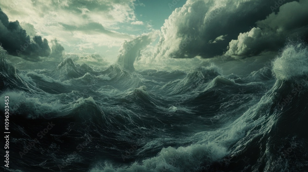 Dramatic sea with large waves under a cloudy sky, creating an intense and powerful ocean scene Dramatic sea with large waves under a cloudy sky, creating an intense and powerful ocean scene