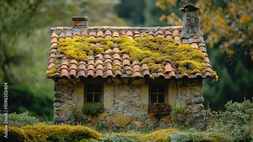  Charming countryside cottage with tiles roof covered in moss and lichen, adding nature's artistry to the structure. photo