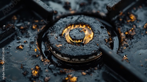  Close-up of gas stove burner encrusted with grease layers and charred bits, dull surrounding surface showing unkempt appearance. photo