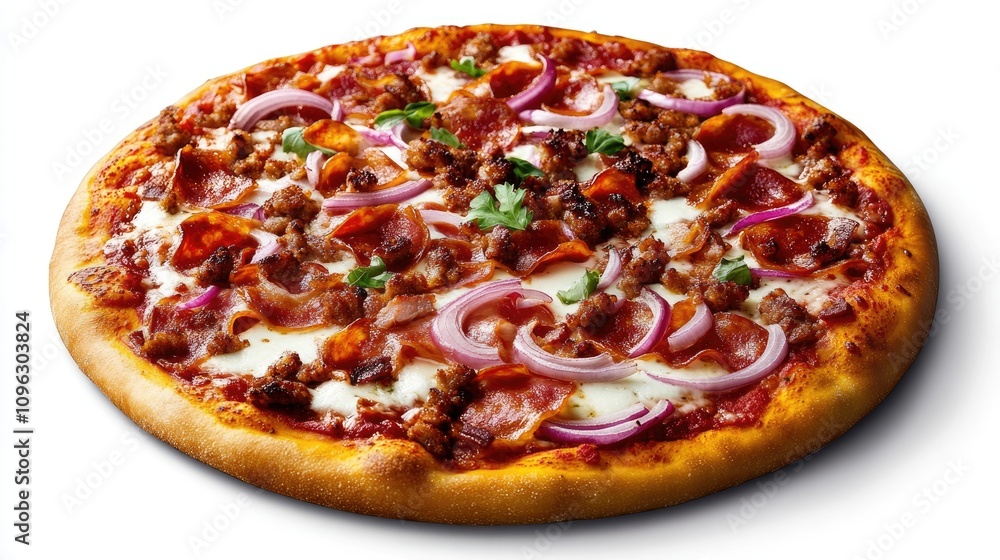 Delicious pizza loaded with ham, bacon, mozzarella, red onions, and rich tomato sauce, beautifully arranged on a crisp crust against a clean background. Delicious pizza loaded with ham, bacon, mozzarella, red onions, and rich tomato sauce, beautifully arranged on a crisp crust against a clean background.