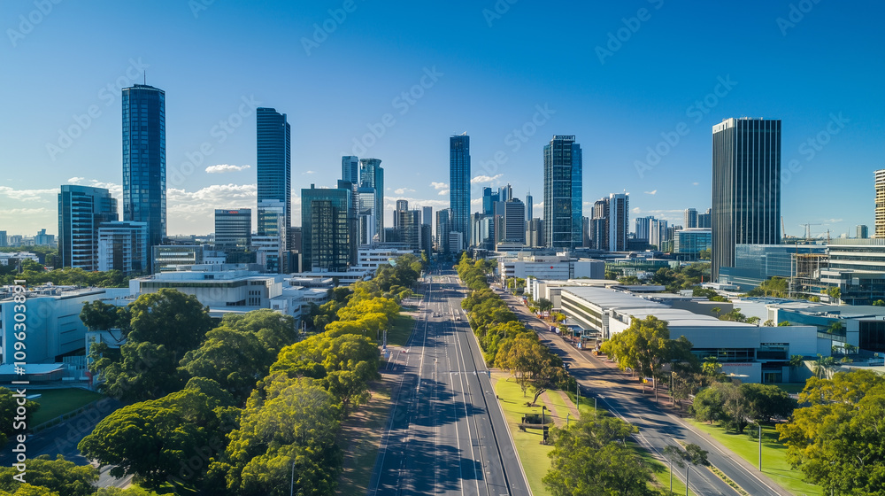 Naklejka premium Modern City Skyline with CBD Office Buildings - Drone View and Clear Blue Sky