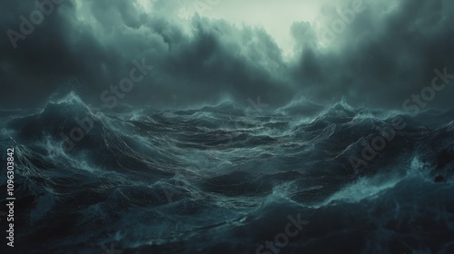 Dramatic sea with stormy waves and dark clouds, creating an intense and moody ocean scene