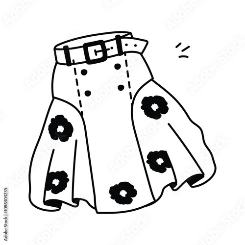 Hand drawn icon of a skirt with a chunky belt and floral print
