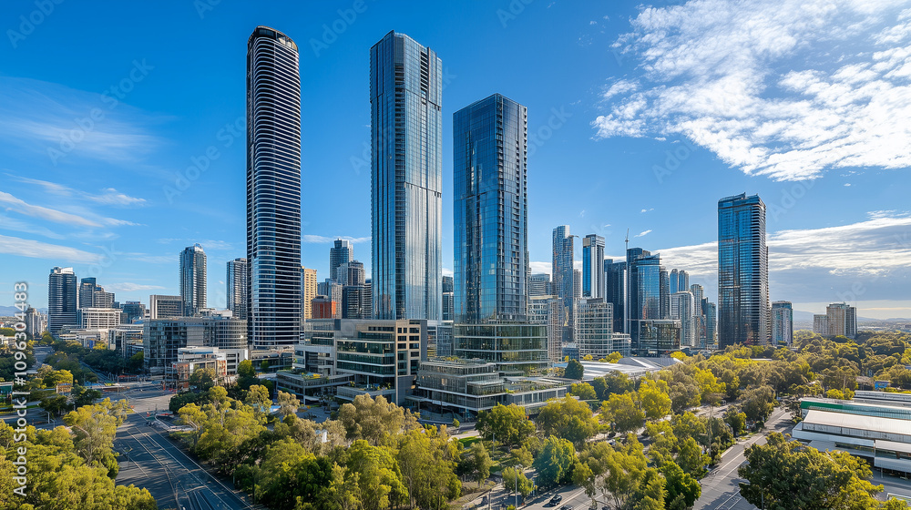 Obraz premium Modern City Skyline with CBD Office Buildings - Drone View and Clear Blue Sky