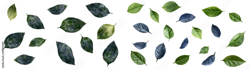 Obraz premium collection of various leaves in different shades of green and blue, showcasing their unique shapes and textures, perfect for nature themed designs