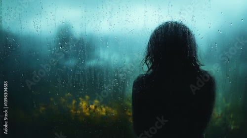 A silhouette of a woman looking out a window at a rainy day.
