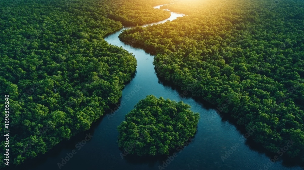 Aerial View of Amazon Rainforest River at Sunset Aerial View of Amazon Rainforest River at Sunset