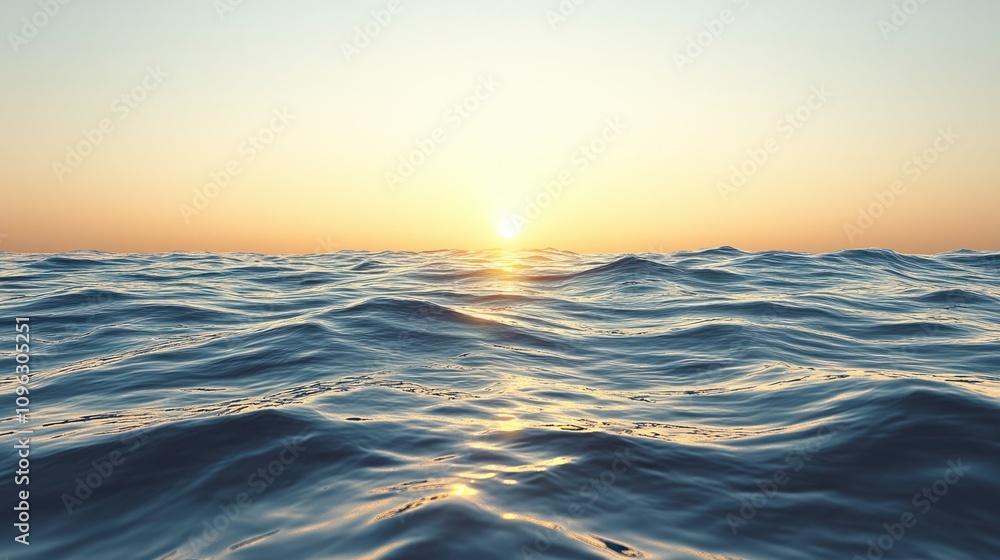 Peaceful sea at sunrise with golden light illuminating the gentle waves and clear sky Peaceful sea at sunrise with golden light illuminating the gentle waves and clear sky