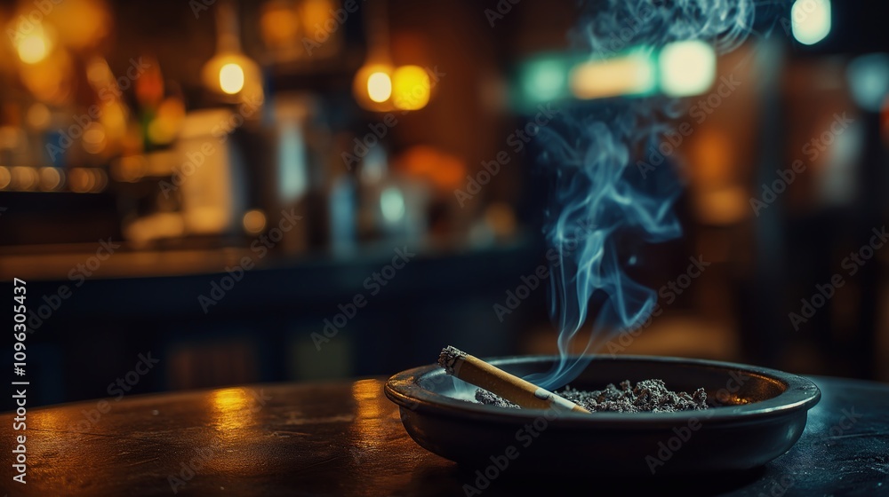 Obraz premium Cigarette Burning in Ashtray at Bar