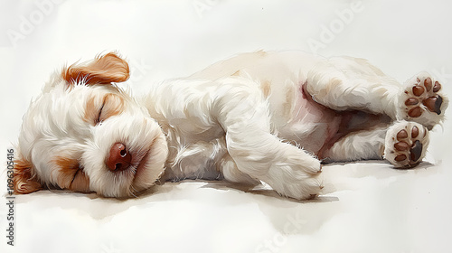 A watercolor Bedlington Terrier puppy lying on its back with its paws playfully in the air, painted softly on a white background