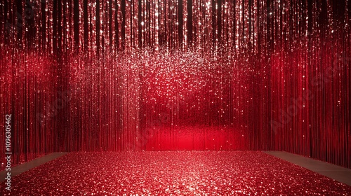 Red Glitter Rain: An Immersive Digital Art Installation. AI Generated