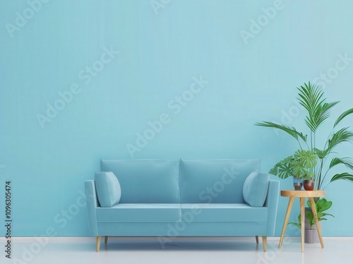 Minimalist living room interior design with a blue sofa. plants. and a side table against a blue wall