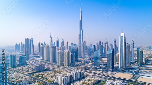 Modern City Skyline with CBD Office Buildings - Drone View and Clear Blue Sky