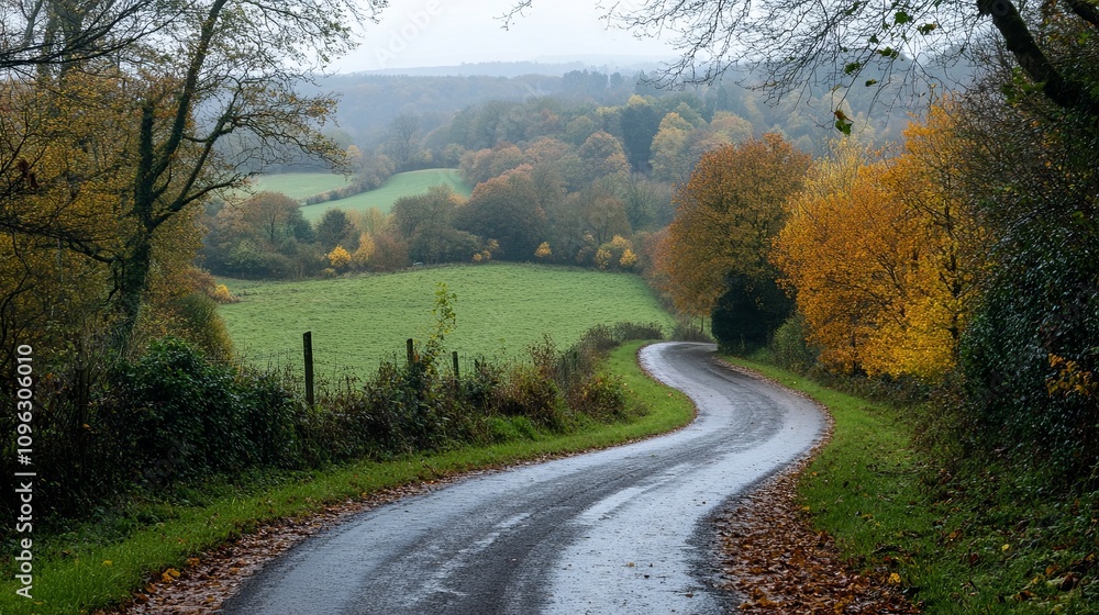 Scenic autumn drive through lush green fields rural landscape serene environment captivating viewpoint Scenic autumn drive through lush green fields rural landscape serene environment captivating viewpoint