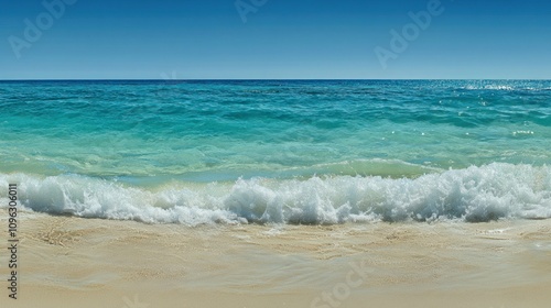 Peaceful sea with soft waves lapping at the shore under a clear morning sky, creating a tranquil ocean scene