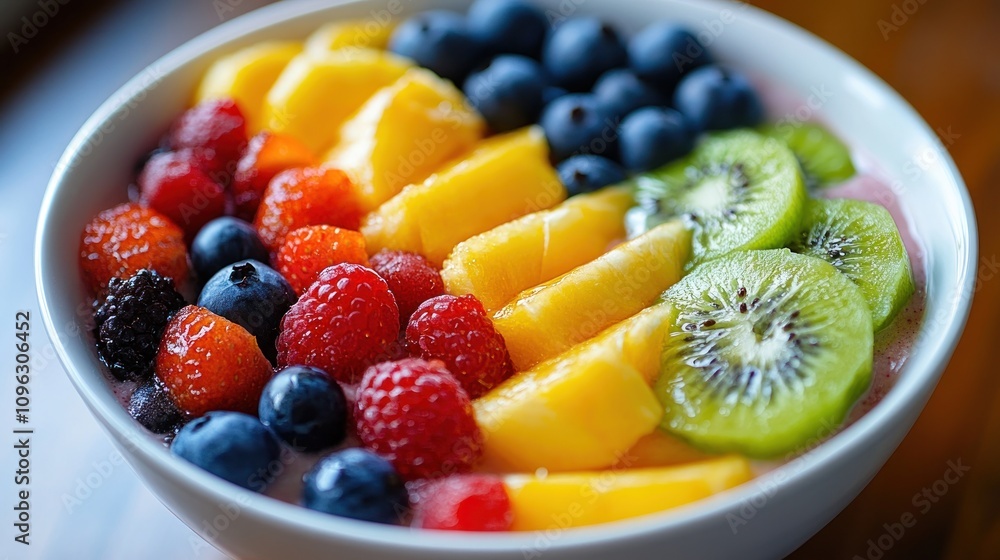 A white bowl filled with a colorful fruit salad with mango, pineapple, kiwi, raspberries, strawberries, and blueberries on a wooden table. A white bowl filled with a colorful fruit salad with mango, pineapple, kiwi, raspberries, strawberries, and blueberries on a wooden table.