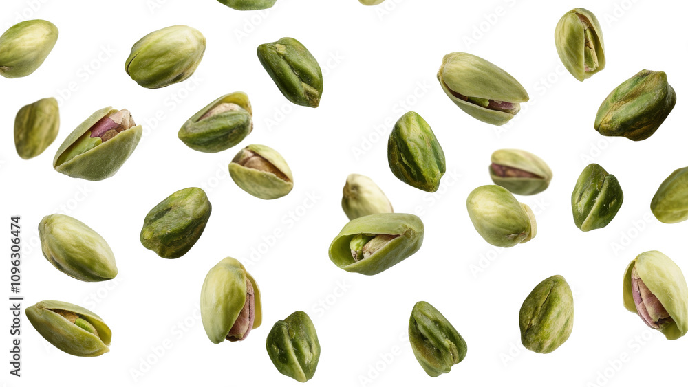 Pistachio nuts scattered on white background, showcasing their vibrant green color and unique shapes. Perfect for culinary uses or healthy snacking Pistachio nuts scattered on white background, showcasing their vibrant green color and unique shapes. Perfect for culinary uses or healthy snacking