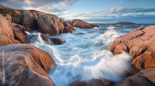 Rocky coastline with waves crashing against the rocks under a clear blue sky, creating a dramatic sea background