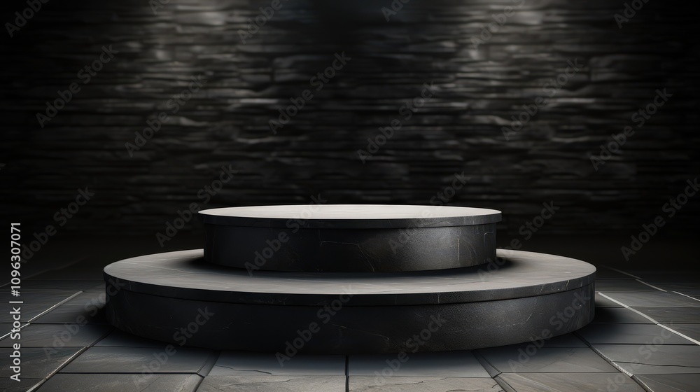 Dark Circular Podium in Dimly Lit Space with Textured Stone Background Dark Circular Podium in Dimly Lit Space with Textured Stone Background