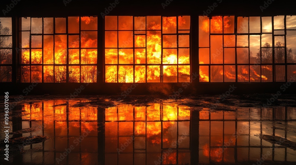 A large fire burns behind a wall of broken windows, reflecting in a puddle on the floor. A large fire burns behind a wall of broken windows, reflecting in a puddle on the floor.