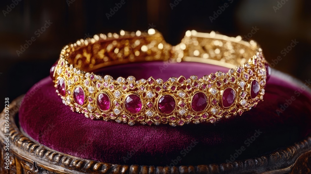 Exquisite Golden Crown with Red Gems and Diamonds Resting Elegantly on Plush Velvet Cushion in Dimly Lit Luxurious Setting Exquisite Golden Crown with Red Gems and Diamonds Resting Elegantly on Plush Velvet Cushion in Dimly Lit Luxurious Setting