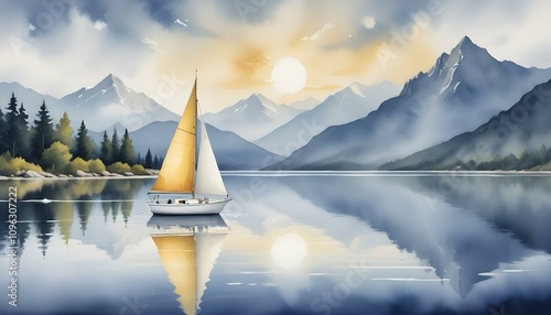 Watercolor painting of a white sailboat drifting on a tranquil lake with mountains and clouds