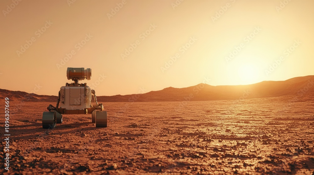 Fototapeta premium Exploring the martian landscape robotic rover adventure mars science fiction imagery desert environment distant viewpoint space exploration concept